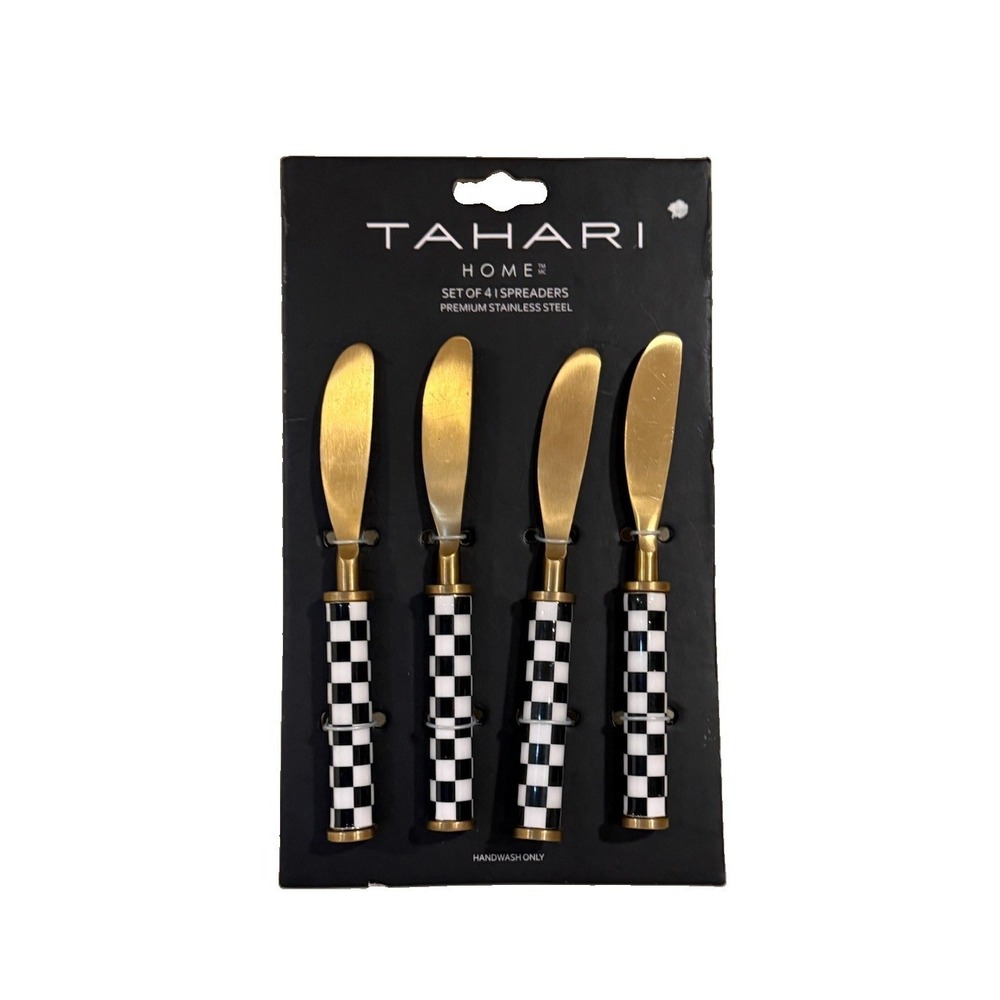 Tahari Home Set of 4 Cheese Spreaders Black & White Checkered‎ Gold Glam New